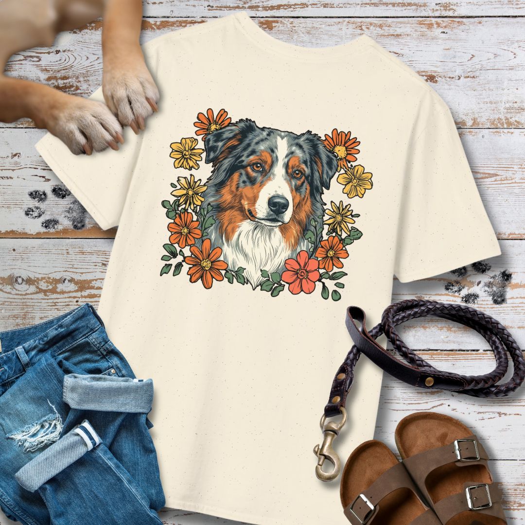 Australian Shepherd in Blumen - Nur Hinten - T-Shirt Unisex Classic Fit - Bequemer Klassiker