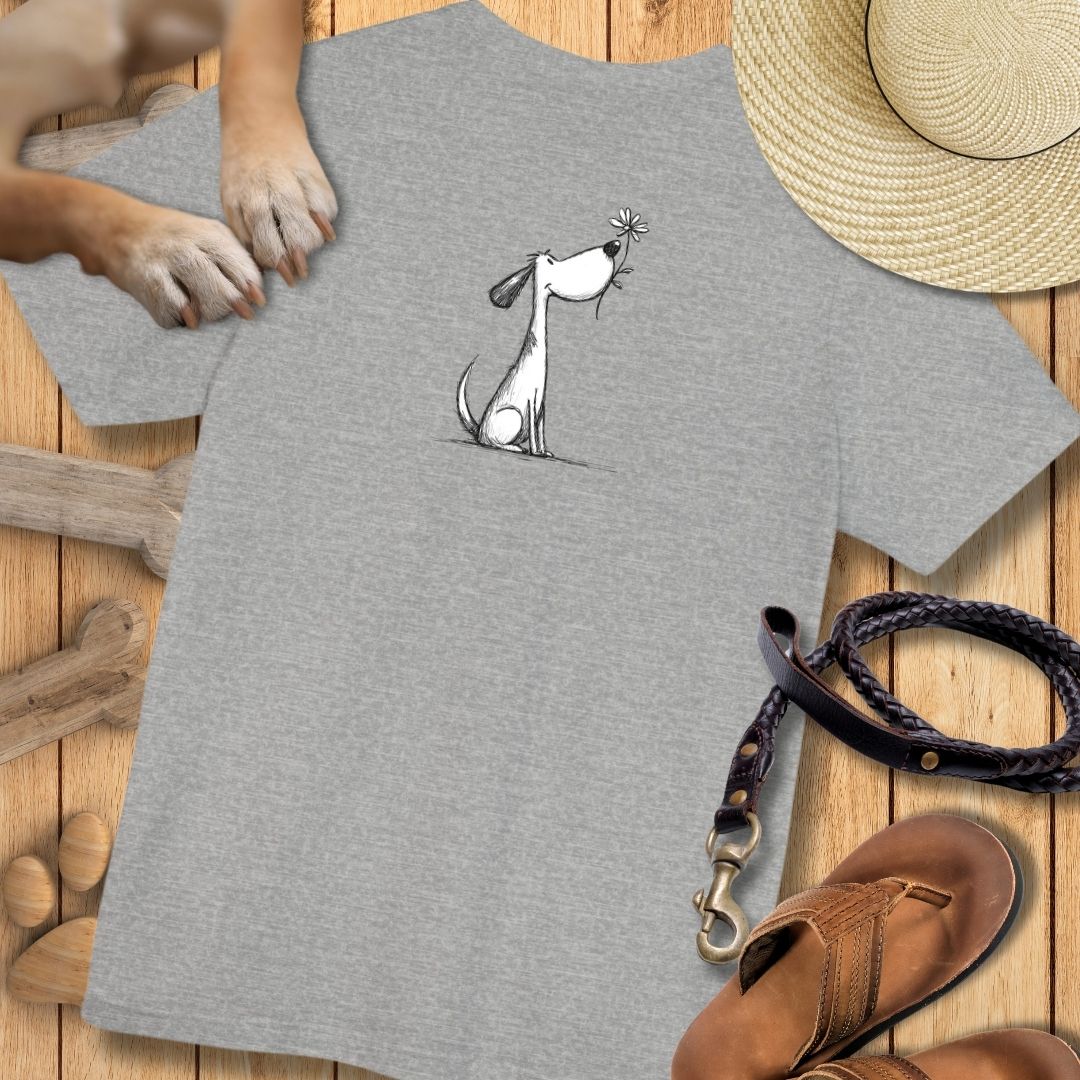 Kleiner Hund mit Blume - Vorne & Hinten - T-Shirt Unisex Modern Fit - Weich & Leicht