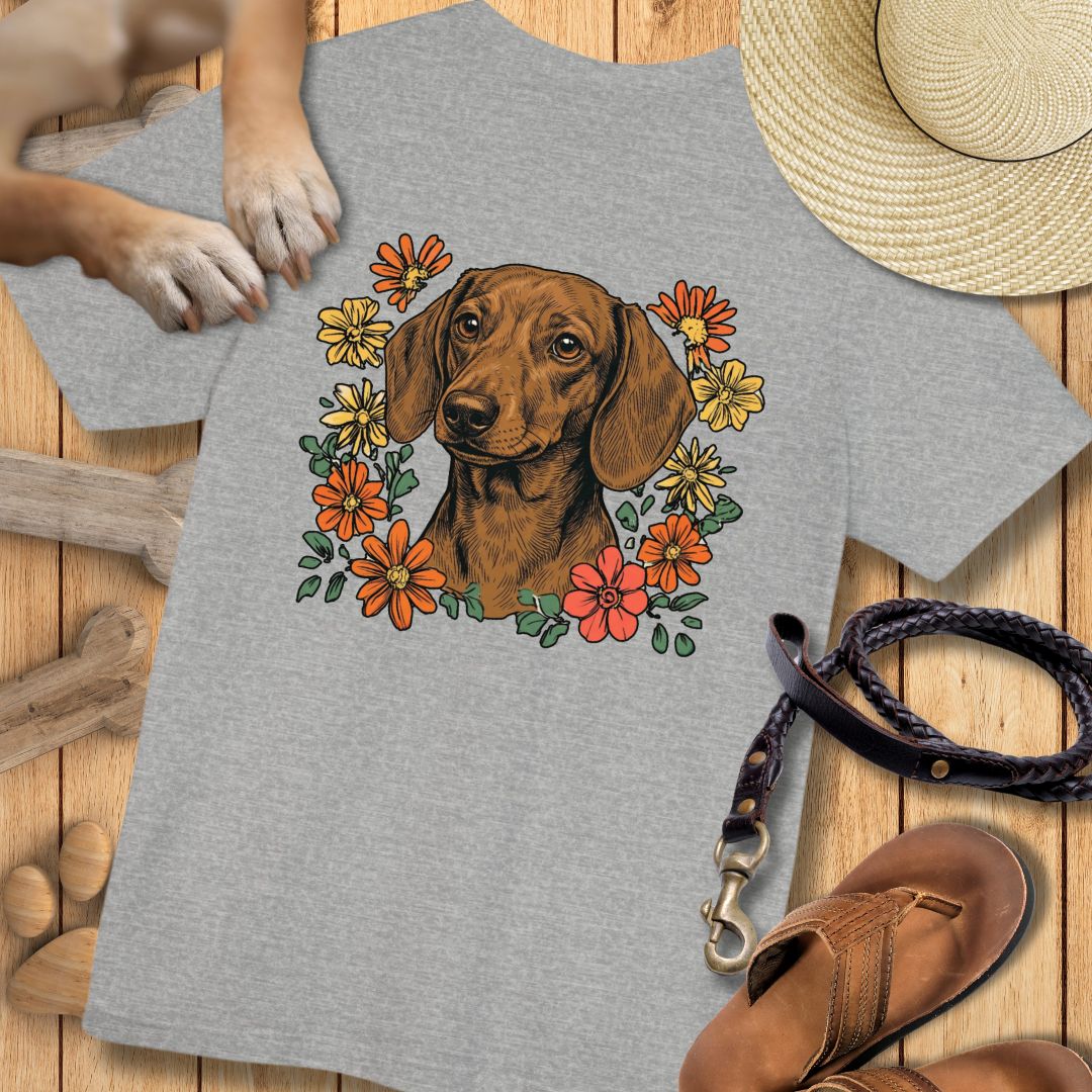 Dackel in Blumen - Nur Hinten - T-Shirt Unisex Modern Fit - Weich & Leicht