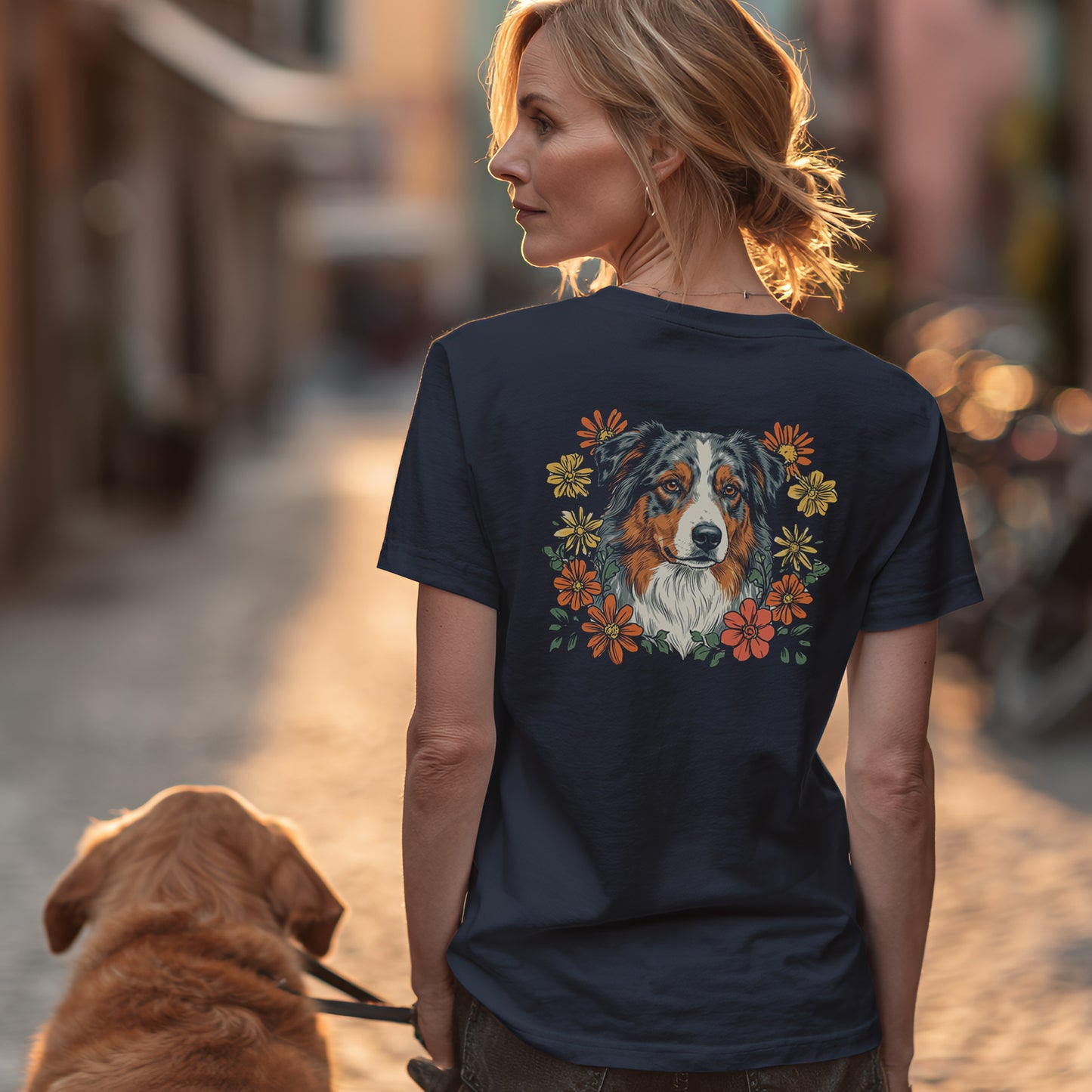 Australian Shepherd in Blumen - Nur Hinten - T-Shirt Unisex Classic Fit - Bequemer Klassiker