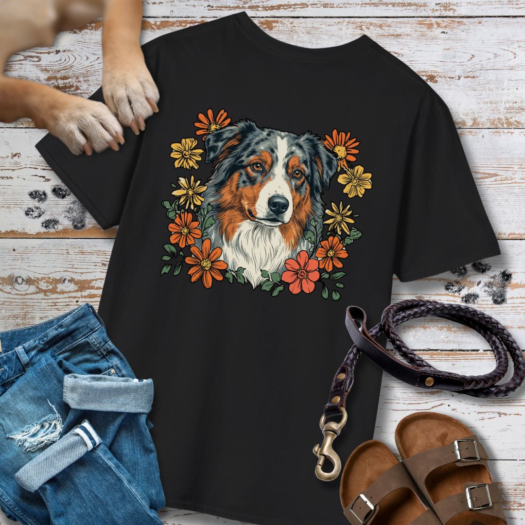 Australian Shepherd in Blumen - Nur Hinten - T-Shirt Unisex Classic Fit - Bequemer Klassiker