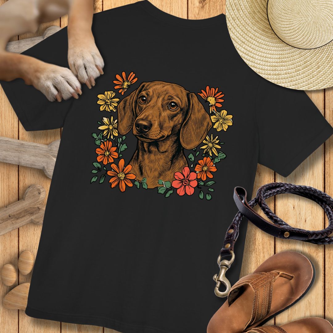 Dackel in Blumen - Nur Hinten - T-Shirt Unisex Modern Fit - Weich & Leicht