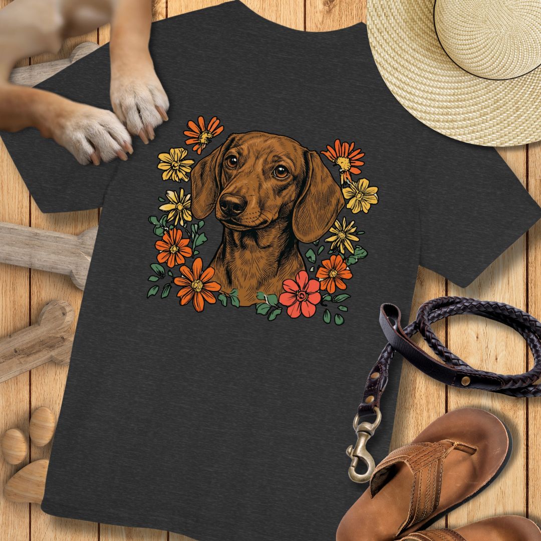 Dackel in Blumen - Nur Hinten - T-Shirt Unisex Modern Fit - Weich & Leicht