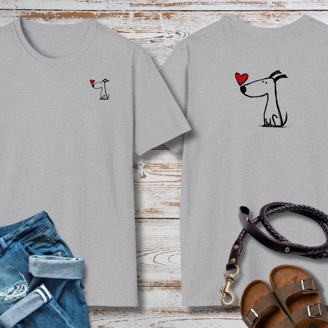 T Shirt mit Hundemotiv kleiner Hund mit Herz vorne und hinten