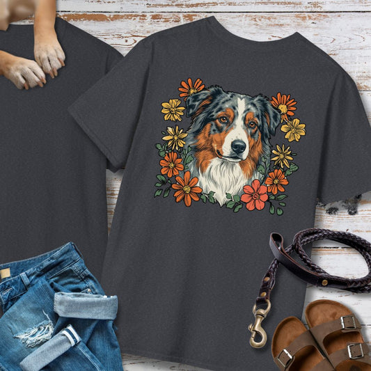 Australian Shepherd in Blumen - Nur Hinten - T-Shirt Unisex Classic Fit - Bequemer Klassiker