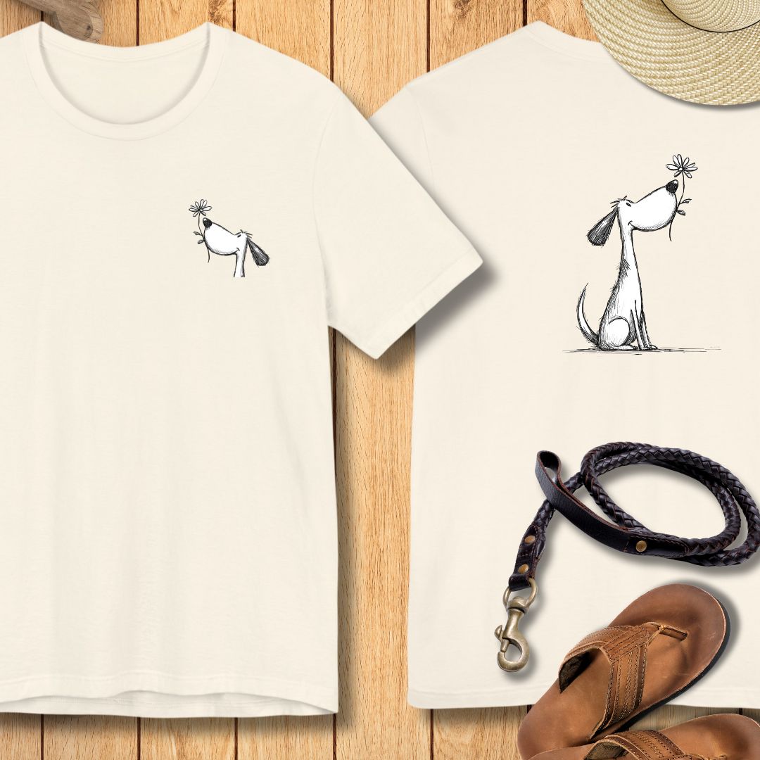 Kleiner Hund mit Blume - Vorne & Hinten - T-Shirt Unisex Modern Fit - Weich & Leicht