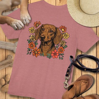 Dackel in Blumen - Nur Hinten - T-Shirt Unisex Modern Fit - Weich & Leicht