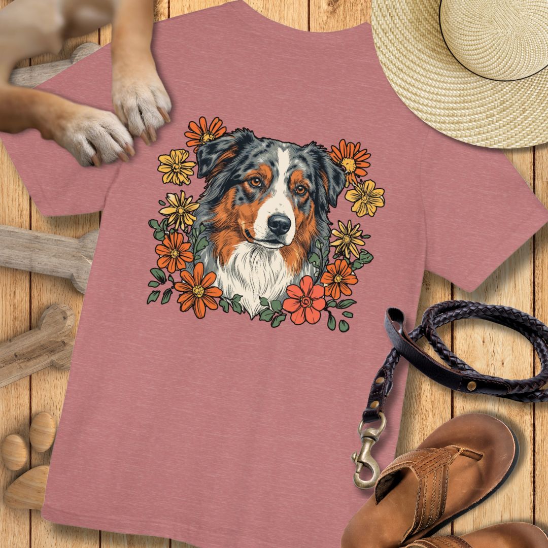 Australian Shepherd in Blumen - Nur Hinten - T-Shirt Unisex Modern Fit - Weich & Leicht