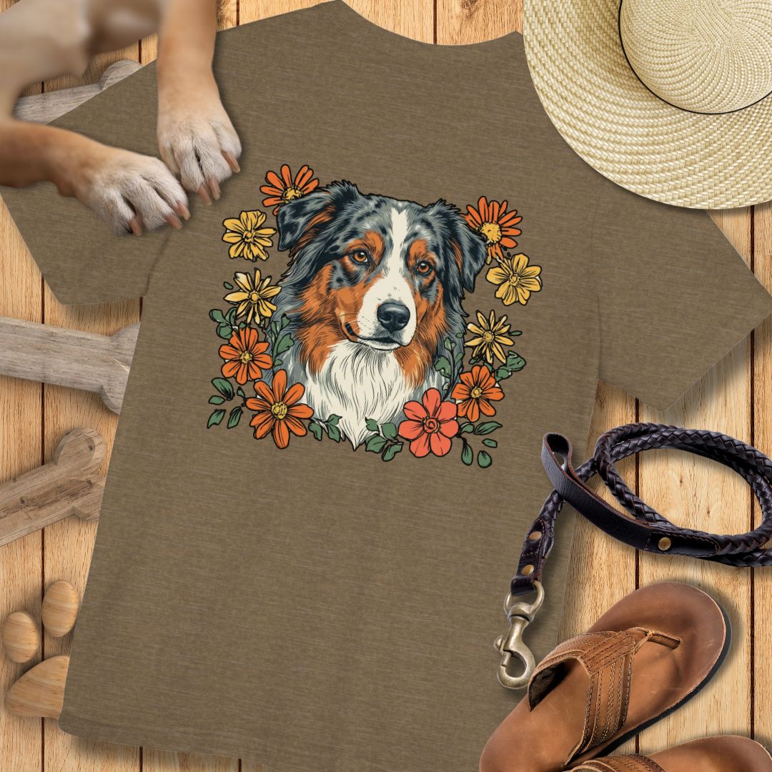 Australian Shepherd in Blumen - Nur Hinten - T-Shirt Unisex Modern Fit - Weich & Leicht