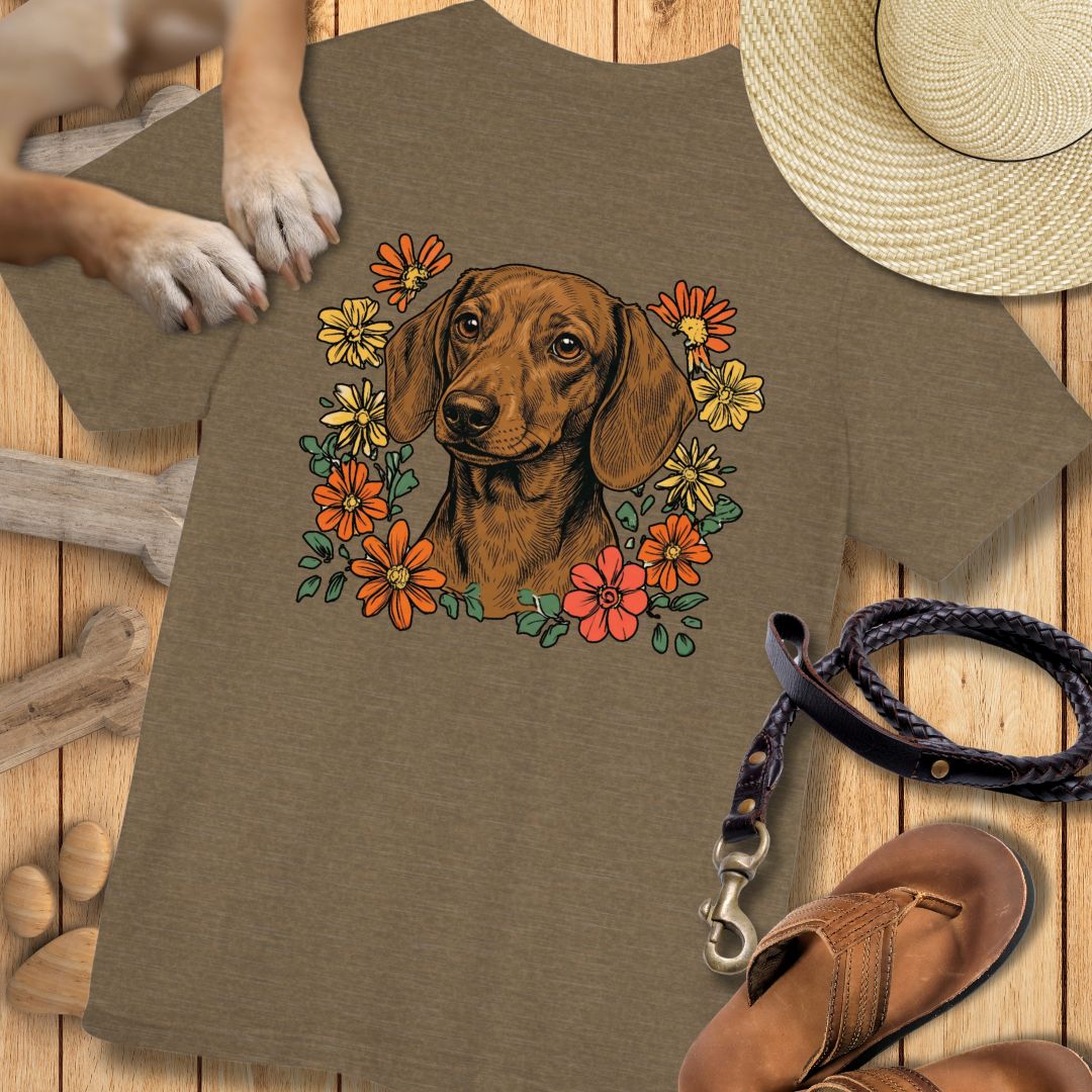 Dackel in Blumen - Nur Hinten - T-Shirt Unisex Modern Fit - Weich & Leicht