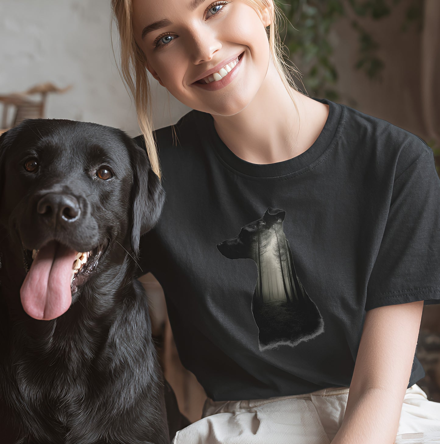 Silhouette Hund mit Wald - T-Shirt Unisex Modern Fit - Weich & Leicht
