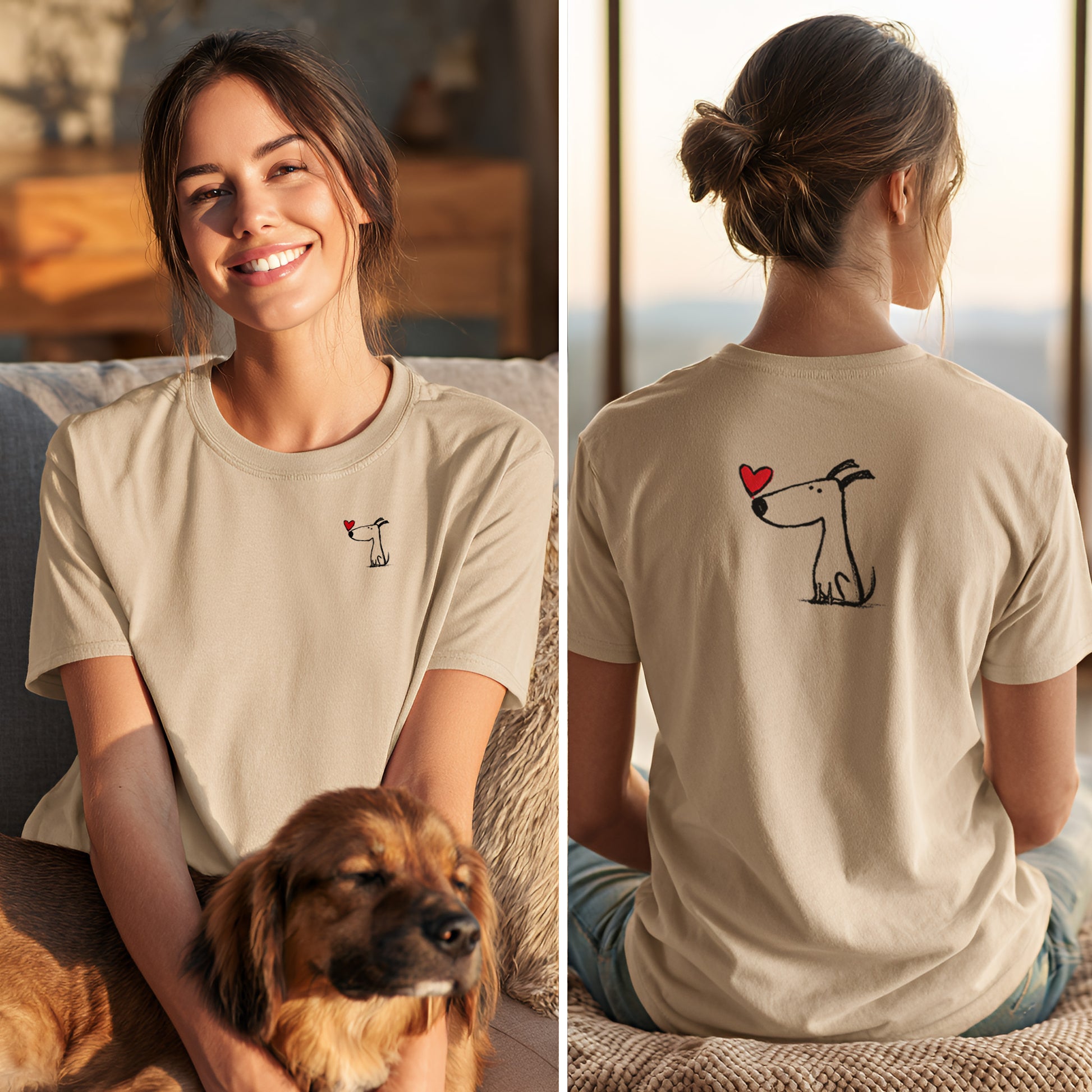 Hund mit Herz Shirt getragen von Hundehalter