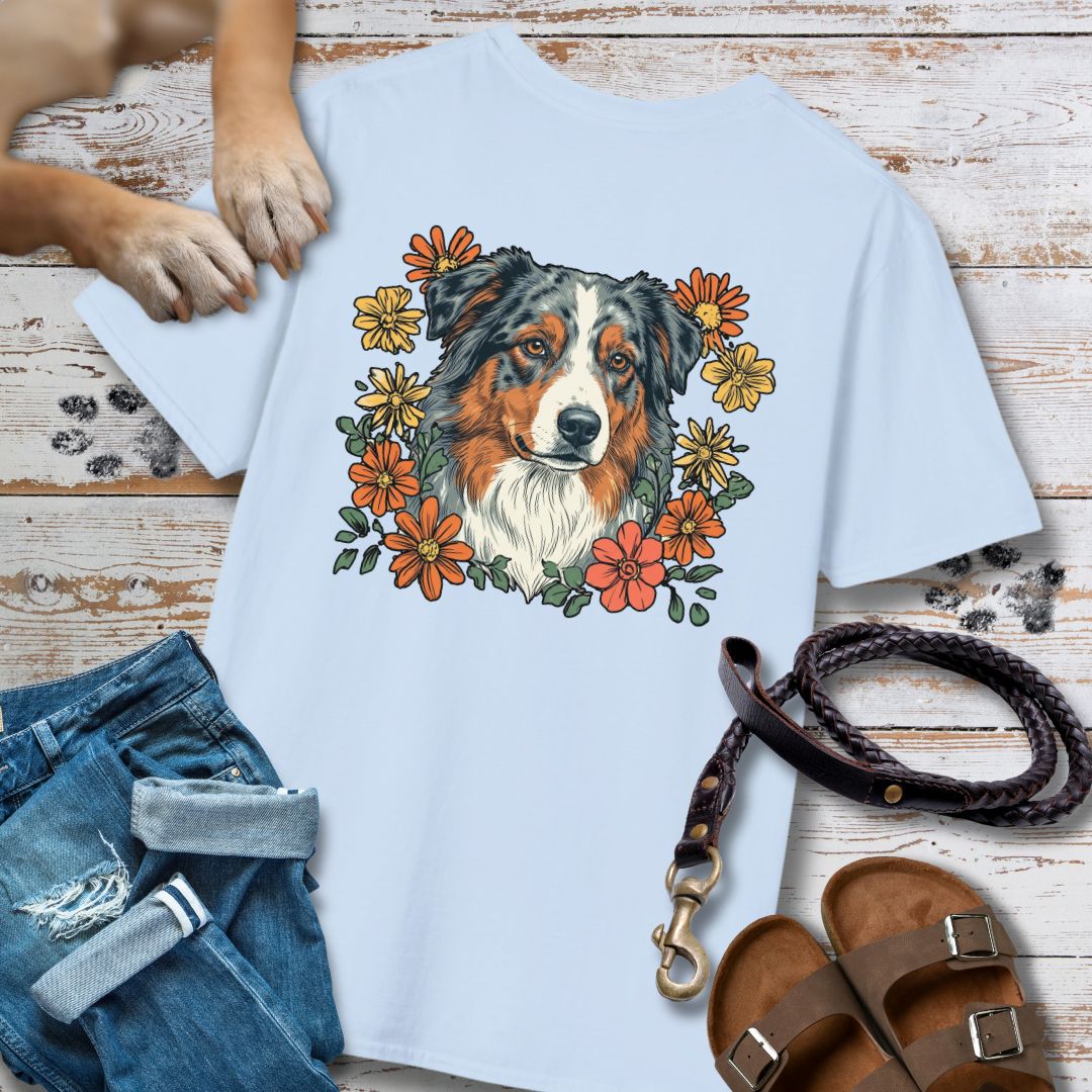 Australian Shepherd in Blumen - Nur Hinten - T-Shirt Unisex Classic Fit - Bequemer Klassiker