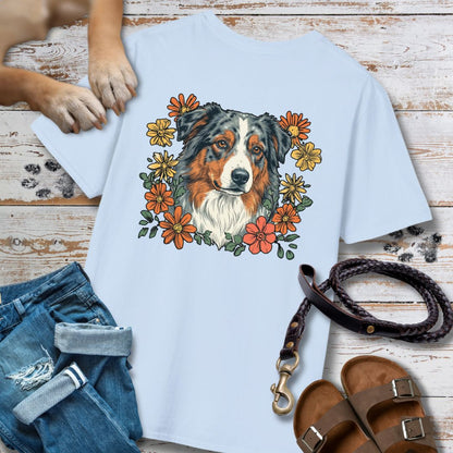 Australian Shepherd in Blumen - Nur Hinten - T-Shirt Unisex Classic Fit - Bequemer Klassiker