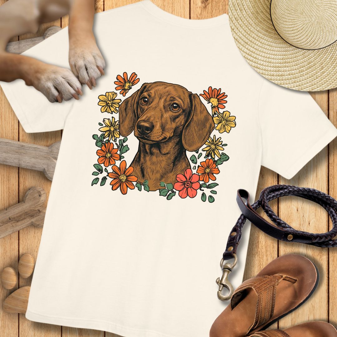 Dackel in Blumen - Nur Hinten - T-Shirt Unisex Modern Fit - Weich & Leicht