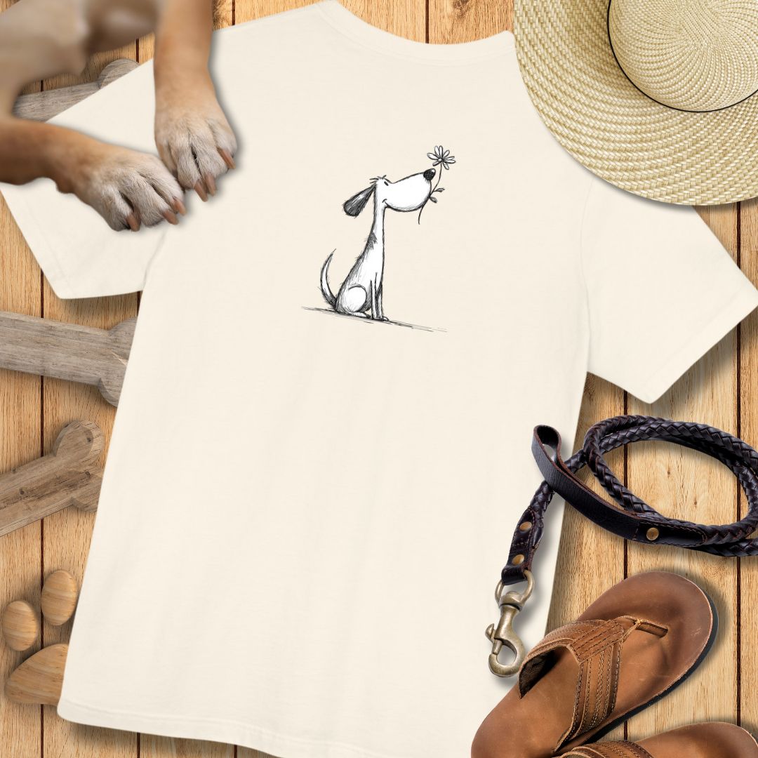 Kleiner Hund mit Blume - Vorne & Hinten - T-Shirt Unisex Modern Fit - Weich & Leicht