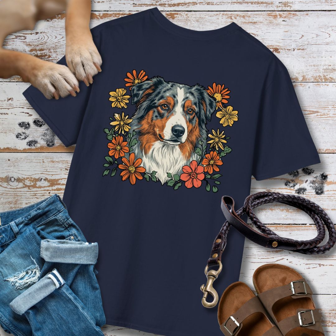 Australian Shepherd in Blumen - Nur Hinten - T-Shirt Unisex Classic Fit - Bequemer Klassiker