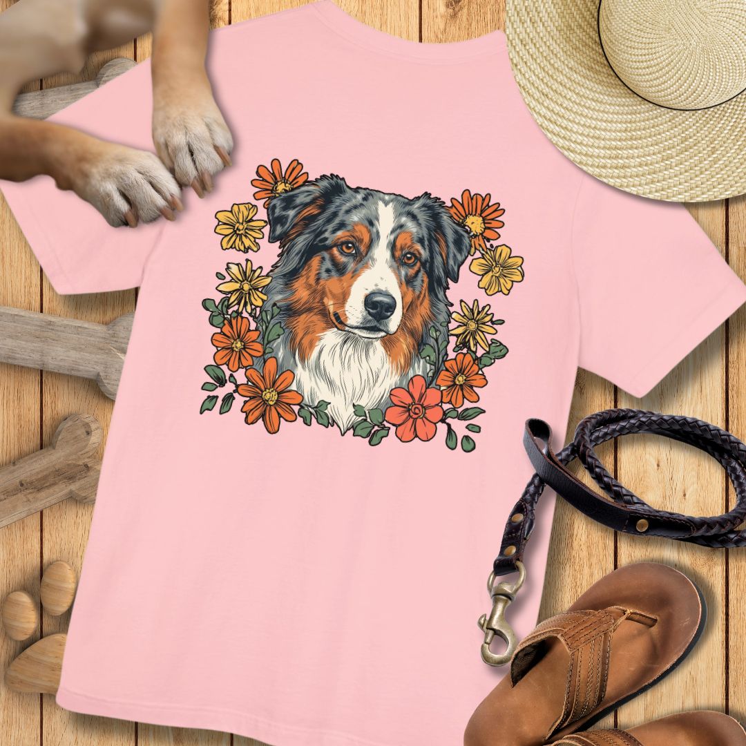 Australian Shepherd in Blumen - Nur Hinten - T-Shirt Unisex Modern Fit - Weich & Leicht