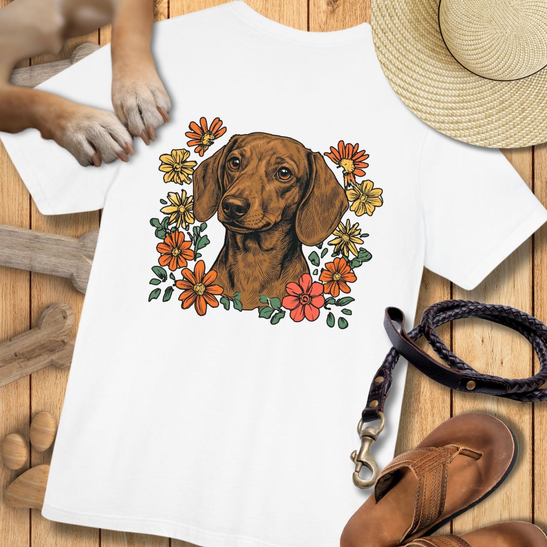 Dackel in Blumen - Nur Hinten - T-Shirt Unisex Modern Fit - Weich & Leicht