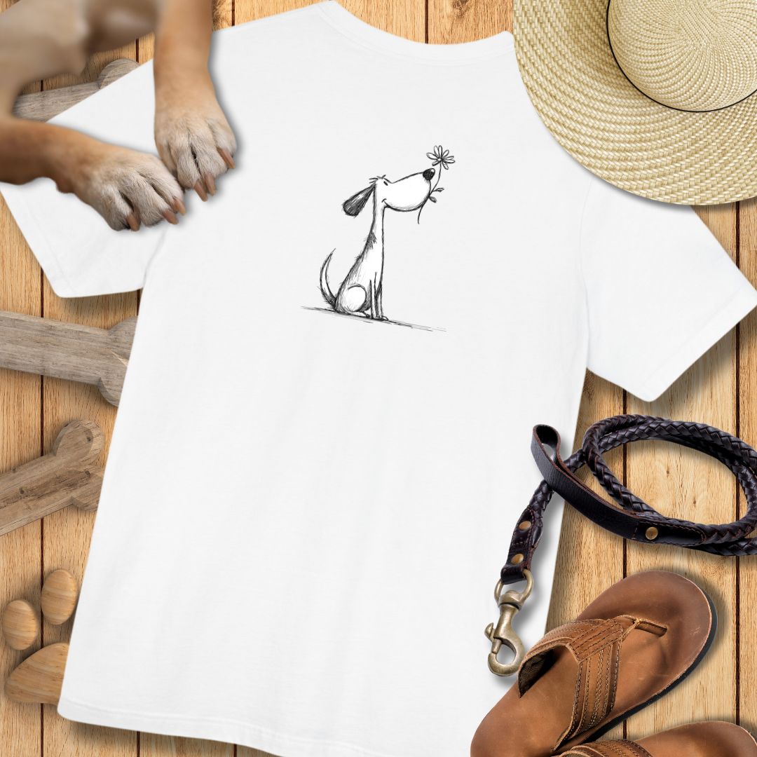 Kleiner Hund mit Blume - Vorne & Hinten - T-Shirt Unisex Modern Fit - Weich & Leicht