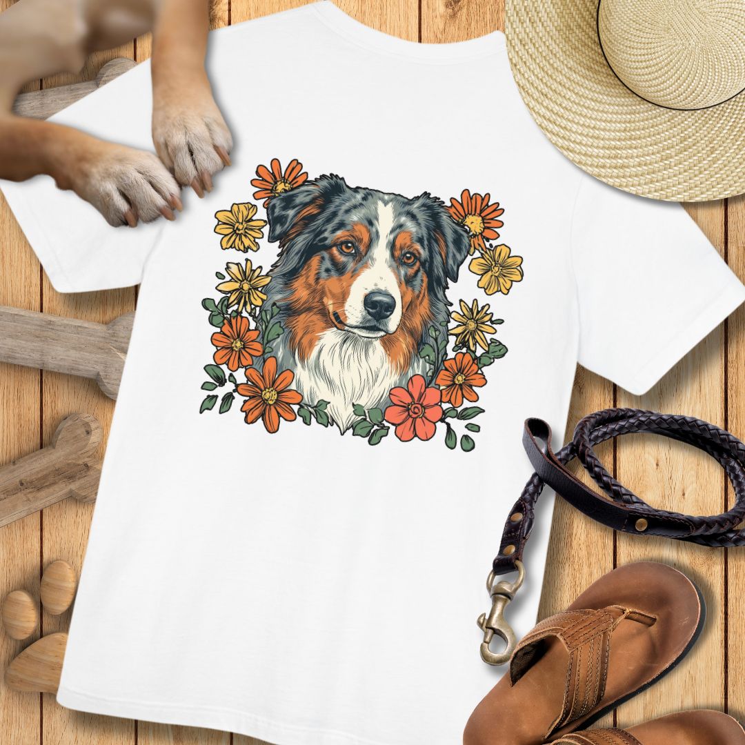 Australian Shepherd in Blumen - Nur Hinten - T-Shirt Unisex Modern Fit - Weich & Leicht