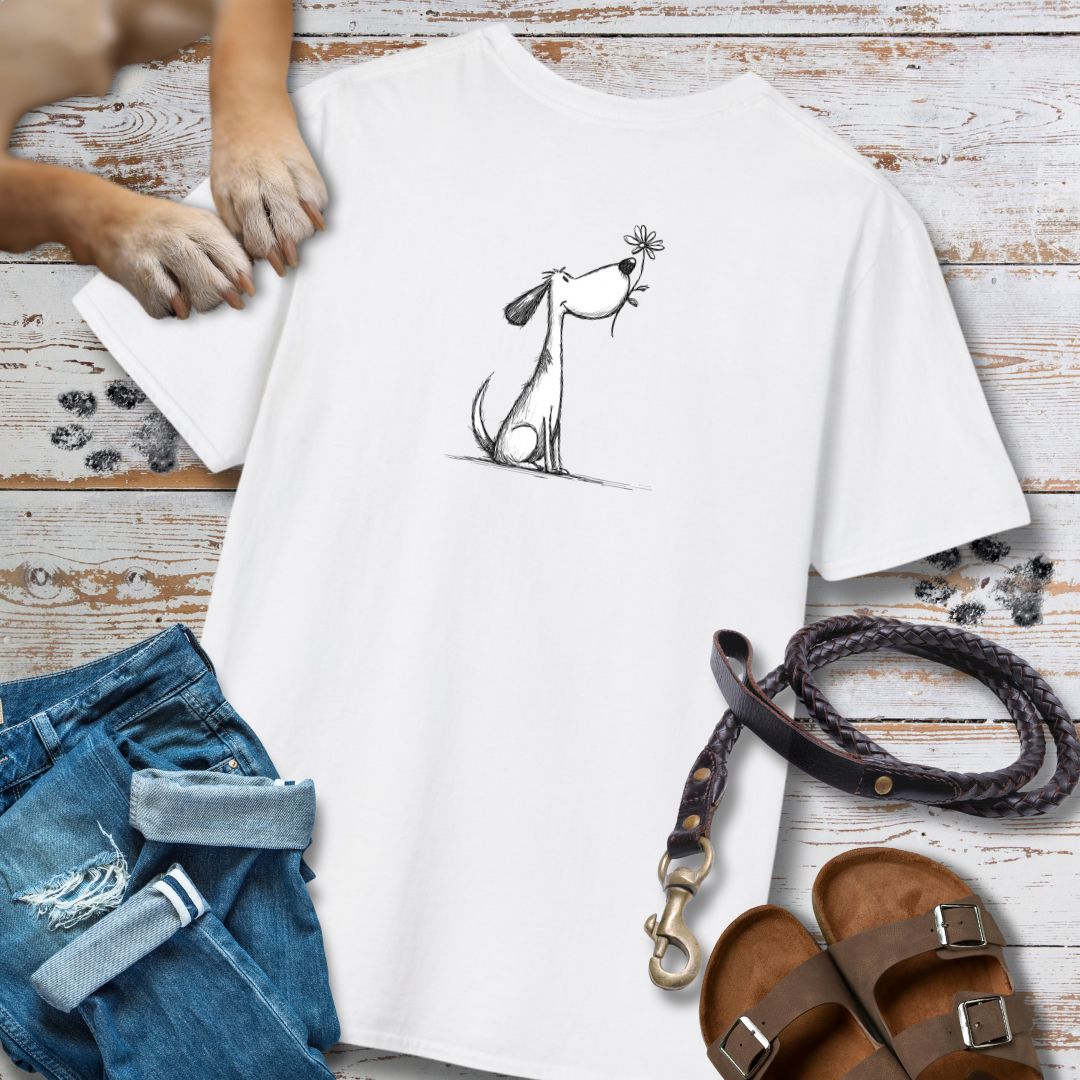 Kleiner Hund mit Blume - Vorne & Hinten - T-Shirt Unisex Classic Fit - Bequemer Klassiker