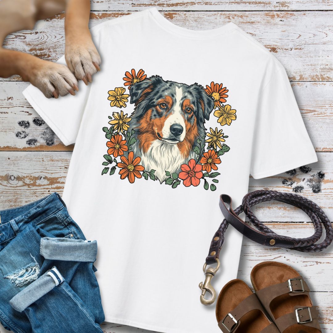 Australian Shepherd in Blumen - Nur Hinten - T-Shirt Unisex Classic Fit - Bequemer Klassiker